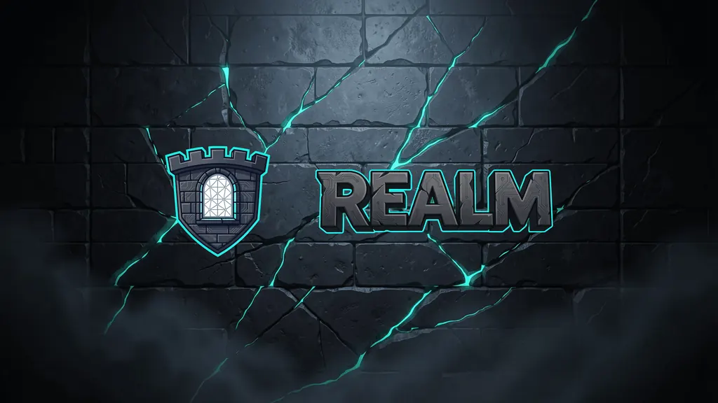 Realm logo and wordmark on cracked stone with cyan energy
